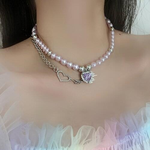 MWSONYA 2021 Fashion Love Heart Crystal Pendant Shell Necklace for Women Pearl Chain Tassel Temperament Necklace Party Jewelry