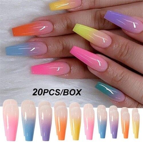 20pcs DIY Full Cover False Nail Tips Coffin Fake Nails Rainbow Gradient Candy Trapezoidal Fake Nails Ballet Wearable Nails