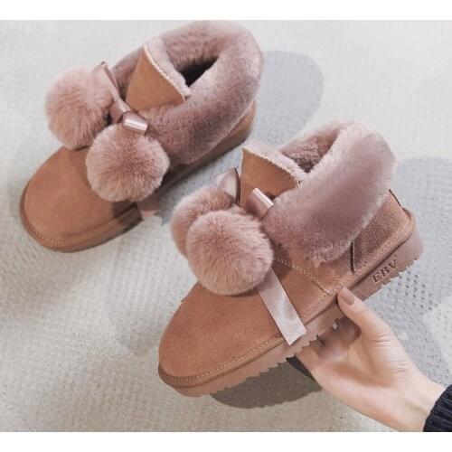 New 2020 Winter Fashion Leather Snow Boots for Female Students Cute Fur Ball Non-slip Warm Cotton Shoes