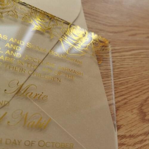Foil printing on acrylic material invitation /menu muti color and shape options