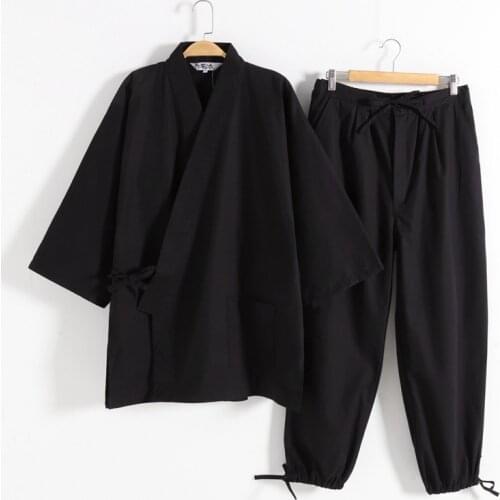 Kimono Pajamas Japanese 100%Cotton 2PCS Set Yukata Samurai Men Ninjya Monk Wear Chef Gardening Workwear Japan Style Jinbei