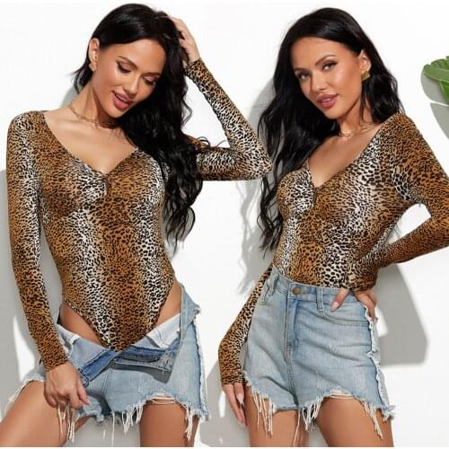 Sexy Low-cut V-Neck Body Suit Lady Female Leopard Clothes Jumpsuit Long Sleeve One-piece Womens Clothing 2020 Autumn Fit S-XL
