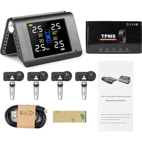 TPMS Solar Power Tyre Pressure Monitoring System with 4 Sensors LCD Real-time Display Car Tire Pressure Auto Alarm System
