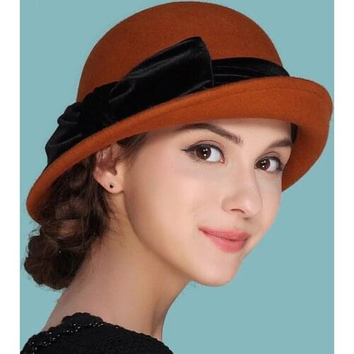 Lady New Autumn and Winter Hat Female British Wool Hat Small Hat Korean Curling Shaping Cap Bow Decoration B-4186
