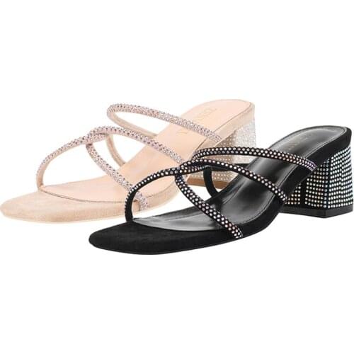 New Spring/Summer Glitter Rhinestones Sandals Square Thick Heeled Slippers Lady Shoes Woman Pumps Crystal High-Heel Ladies Shoes