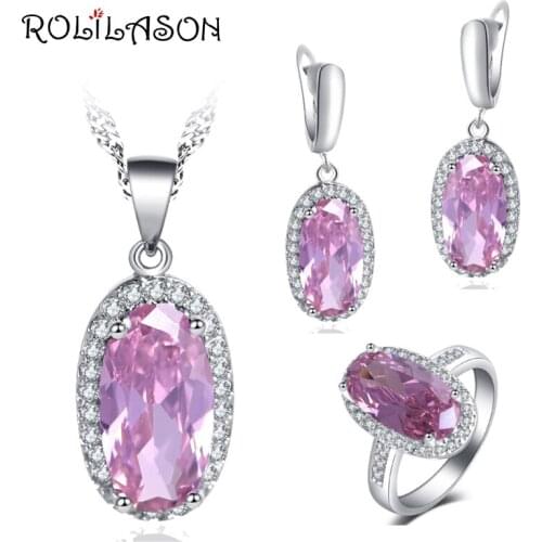 ROLILASON Romantic Cute Pink Zircon Oval shape Set For girl 925 Silver Earrings Necklace Rings Jewelry Sets JS758