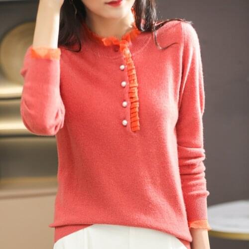 100% Wool Knitted Pullovers Women Cashmere Sweaters 2021 Winter High Collar Jackets Woolen Tops Lady Lace Clothes