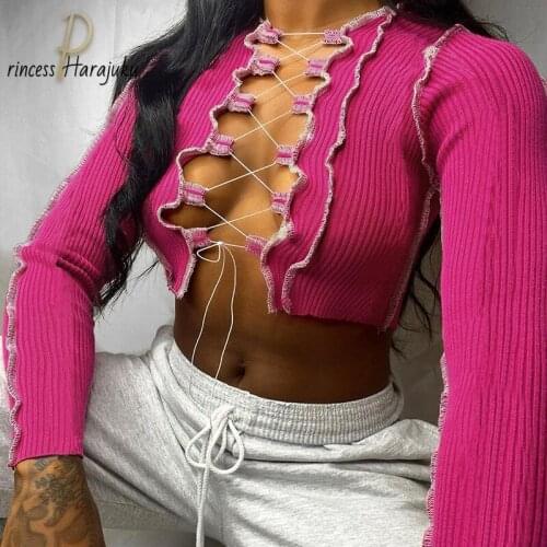 Fashion 2020 Summer Beach Bandage Cut Out Hole Crop Tops Women Camisole Sexy Chic Punk Style Ribbed Knitting Tank Top Club Wear