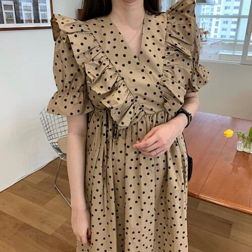 2020 Summer Dot White Long dress Korean Chic Vintage V Neck Short Sleeve Ruffles dresses for women vestidos robe femme