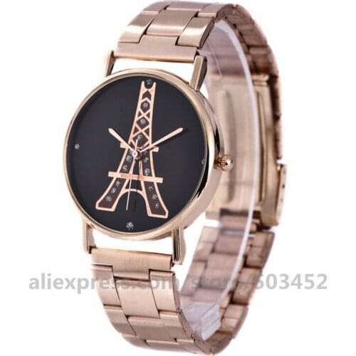 100pcs/lot Eiffel Scale Women Watches No logo Stainless steel Ladies Watch Mesh Belt Zirconia Dia Watches Fashion Grace Watch