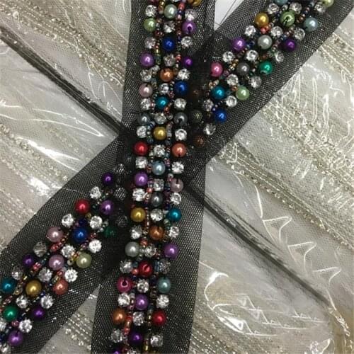 1Yds 2cm wide Colorful nail drill black net yarn lace DIY handmade pearl mixed diamond bead lace belt wedding accessories A1221