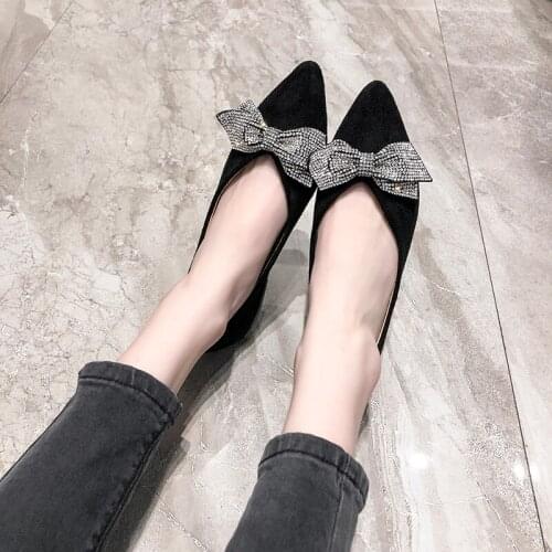 2020 New Selling Womens Flat Shoes Fashion Bow Slip-On Simple Design High Quality Pointed Toe Womens Casual Shoes Flock W33-40