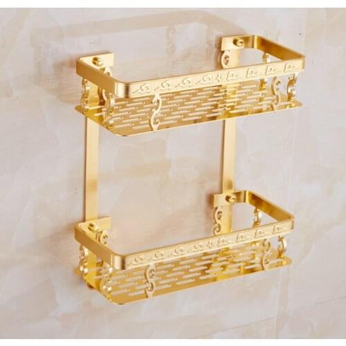 Aluminium Bathroom Square Shelf Shower Gel Rack Shampoo Caddy Holder Wall Mounted Nail Punched Gold 1-2 Tier Basket Bath Hardwar