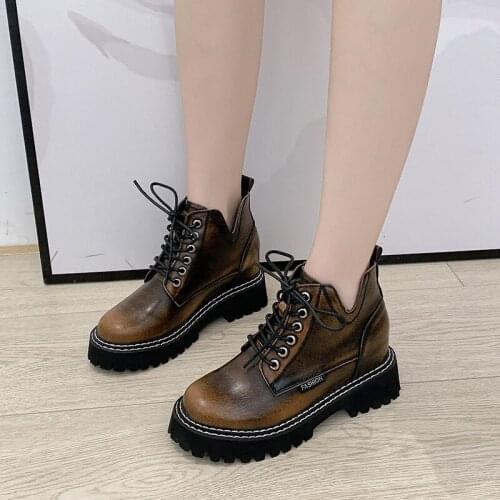 Winter Women Ankle Boots Black Lace Inner Increase Womens Cotton Shoes Fashion Leather Platform Non-Slip Motorcycle Boots