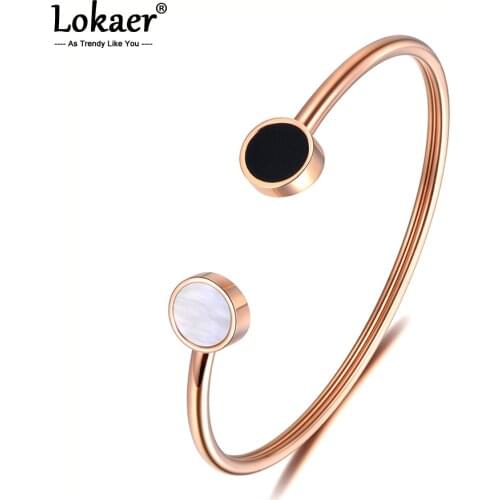 Lokaer Stainless Steel Bangle White & Black Shell Rose Gold Color Bracelet & Bangle Simple Design Chirstmas Gift B18175