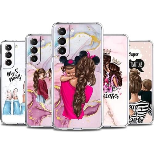 Baby Mother Brown Little Girl Family Clear Phone Case For Samsung Galaxy S21 Ultra S20 FE S10 Lite S9 S8 Plus S7Edge Coque Cover
