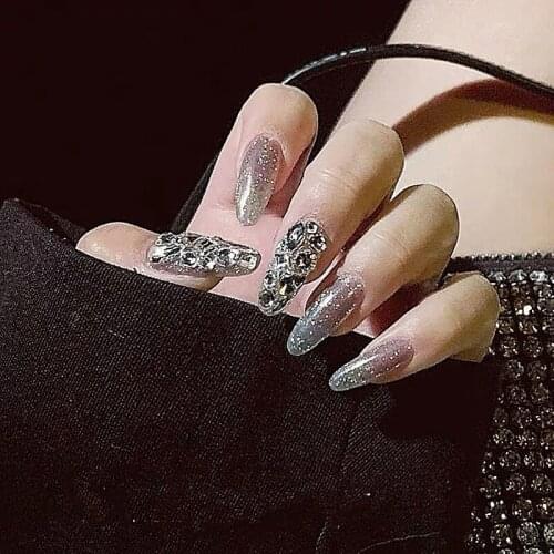 Black gray spar 3d decorated fake nails 24pcs with glue American punk style lady full nail tips Bride false nails with diamond