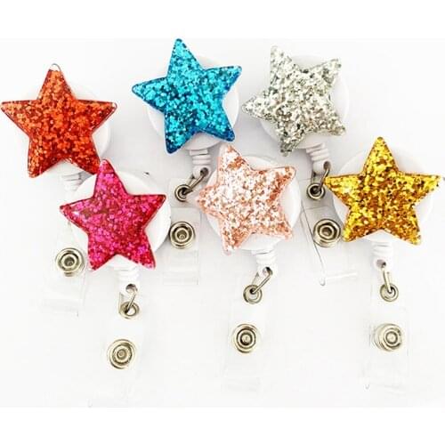 Sequins Pentagram Nurses Badge Reel Badge Holder Clip Retractable ID Badge Holder with 360 Rotating Alligator Clip Name Holder