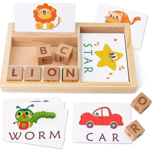 Kids Spelling Games Wooden Matching Letters Toy with Words Flash Cards Alphabet ABC Learning Puzzle Gift for Preschool Kids
