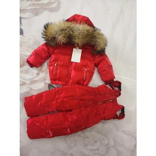 80cm -140cm 2021 Winter Jacket Children down jackets & PANT duck down Fur hooded girl snowsuit boy Suit set outerwear ski suit