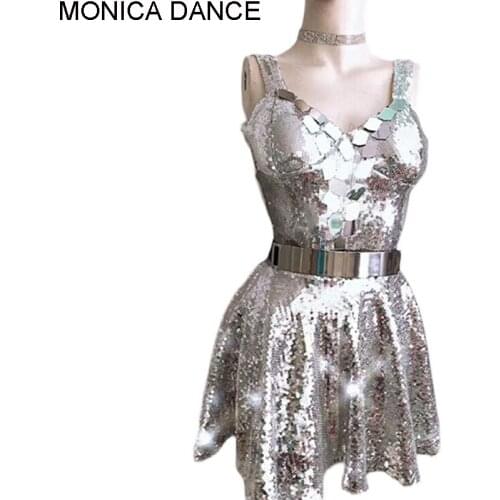 Women Sexy Stage Silvery Mirror Sequins Dress Prom Party Celebration Dress Costume Nightclub Bar Singer Star Team Stage Wear