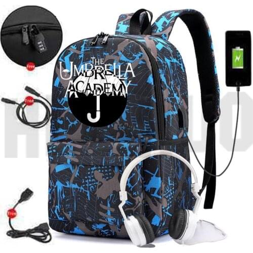 Canvas Backpack Men Hot Anime Bookbag The Umbrella Academy Backpack Zipper USB Charging Anti-theft School Bags for Teenage Girls