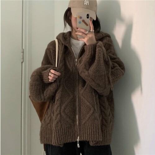 Women Autumn Winter Twist Zipper Hooded Sweater Coat Knitted Cardigan Jacket Oversized Long Lantern Sleeve Outwear