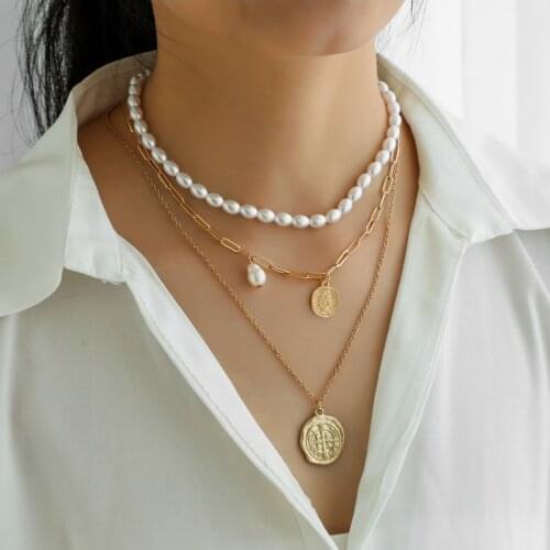 2020 New Fashion Jewelry Charms Three Layers Baroque Pearl Vintage Coins Carved Chain Choker Necklaces & Pendants For Women