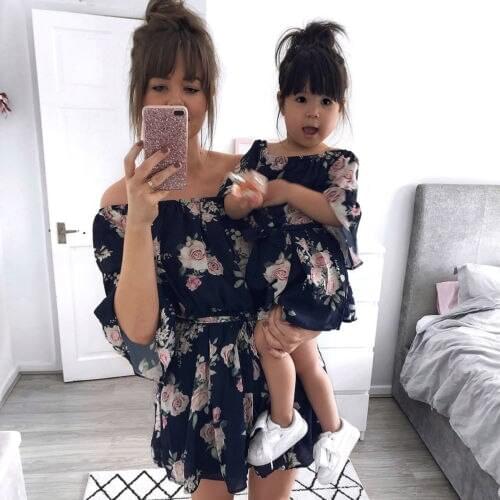 Mother and Daughter Dress Clothes Family Matching Outfits Off Shoulder Floral Summer Women Girls Boho Dresses Sundress