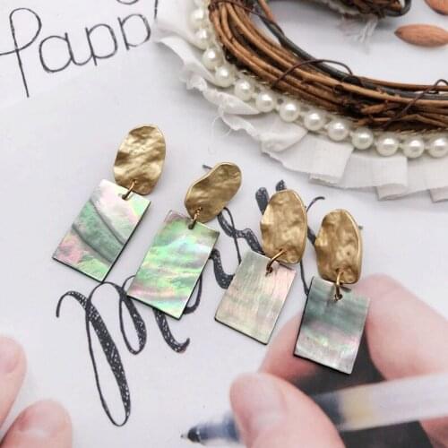 Rectangle Rainbow Color Shell Earrings Stud Irregular Alloy Hammered Pendant Simple Light Weight Piercering Jewelry