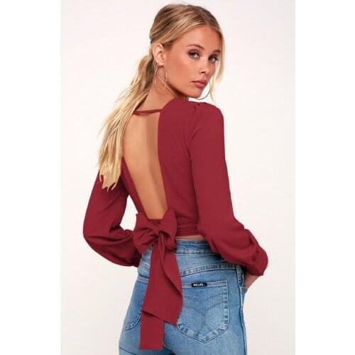 Sexy Long Sleeve Women Top Casual Backless Shirt Blouse Fashion Slim Crop Tops