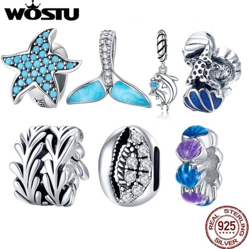 WOSTU 925 Sterling Silver Starfish Mermaid Tail Beads Charms Pendant Fit Original Bracelets Women Party Fashion DIY Jewelry Gift