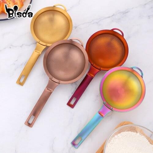 1pcs Stainless Steel Flour Sieve Gold Screen Mesh Strainer Oil Colander With Handle Powder Sieve Baking Tool