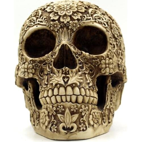Flower From Dead Skull Head Figurine Ornament Skeleton Bone Gothic Art Decor