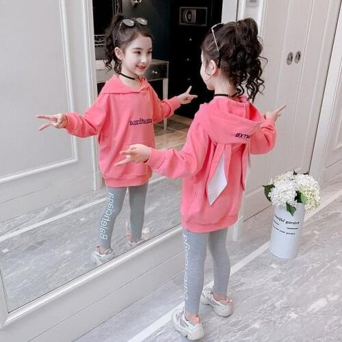 Girls Sports Clothes Set Children Spring Autumn Rabbit Ear Hoodies Pants 2pcs Outfit Kids Casual Letter Printed Tracksuits