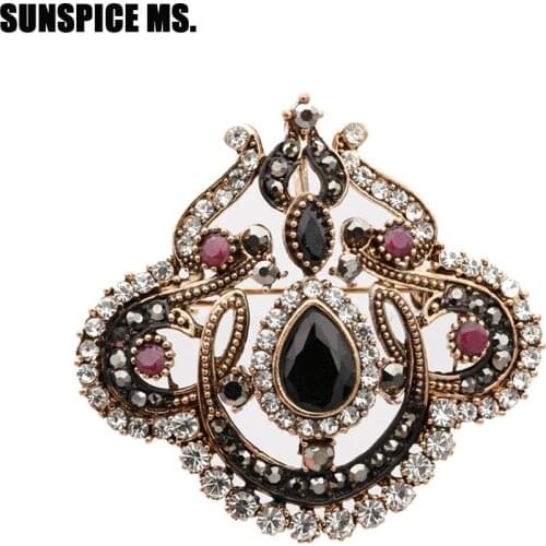 Vintage Black Crystal Flower Turkish Brooch Pin For Women Antique Gold Arabesque Rhinestone Brooch Lapel Scarf Broches Wholesale