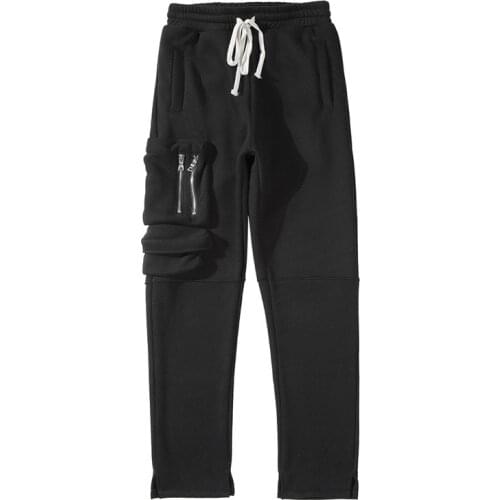 High Street Mens Sweatpants Hip Hop Trousers Kanye Fashion Stitched Zipper Heavy Terry Pocket Split Pant Casual Sports Pants
