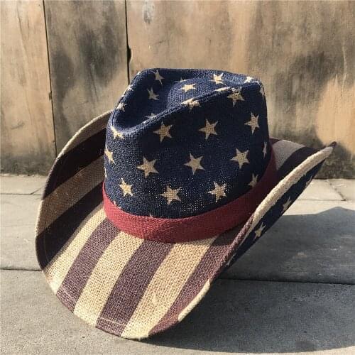 Women Men Summer Linen Hollow Western Cowboy Hat Dad Boater Sombrero Hombre Jazz Sun Hat With National Flag
