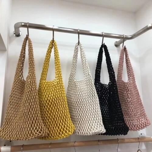 2021 New Cotton Thread Knitted Women Handbags Ladies Net Hollow Out Tote Bag Female Woven Shoulder Bag Beach Bag Sets Whole Sale