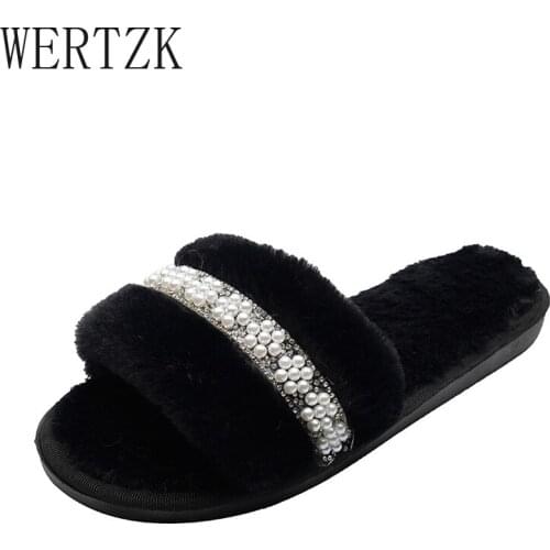 2021 Pearl Decoration Women Indoor Furry Open Toe Slippers Ladies Soft Plush Fluffy Faux Fur House Slides Winter Warm Shoes
