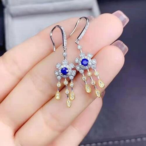 Natural Sapphire Floral Fringe Earrings S925 Pure Silver Fine Fashion Charming Luxurious Jewelry For Women MeiBaPJFS