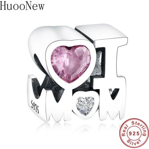 Fit Original Charm Bracelet Pink Clear CZ I Heart LOVE MOM Letter Bead Charms Bangle 925 Sterling Silver Jewelry Pulsera