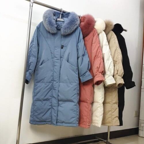 2020 winter new down jacket women long big fox fur collar loose thick casual fashion horn button jacket