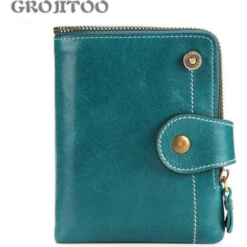 GROJITOO rfid womens wallet genuine leather short wallet wax cowhide zipper bag genuine leather wallet