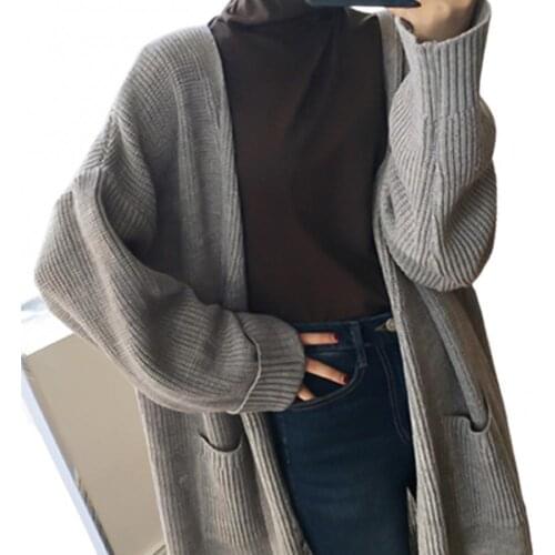 Dropshipping Women Solid Color Long Sleeve Pockets Loose Midi Sweater Coat Autumn Cardigan