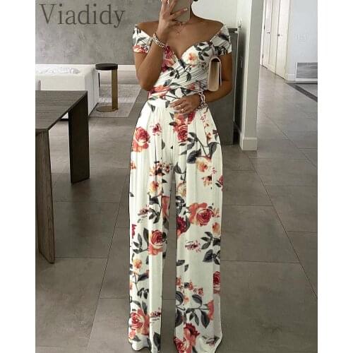 Women Casual Floral Print Short Sleeve Wide Leg Jumpsuit