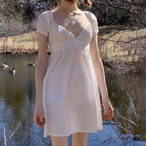 Summer White Cotton Mini Dress Women 2021 Fashion V Neck Puff Sleeve A-line Vestidos Femme Casual streetwear Chic Dress Cute