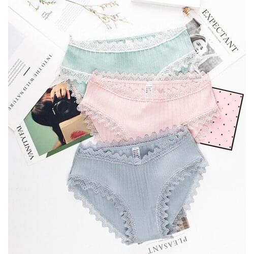Wasteheart Women Fashion Green Pink Cotton Lace Bow Low Waist Panties Underwear Lingerie Women Briefs 3 Piece 3 Color Underpants
