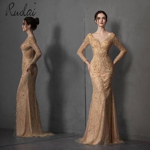 Luxury Full Sleeves Mermaid Evening Dress Long 2019 Women Gold Colorl Evening Dresses vestidos de fiesta de noche