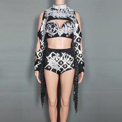 2019 Design Queen Luxury Crystals Black Tassel Dance Wear Bright Rhinestones Bra Short Female Celebrate Dress Stage Costume